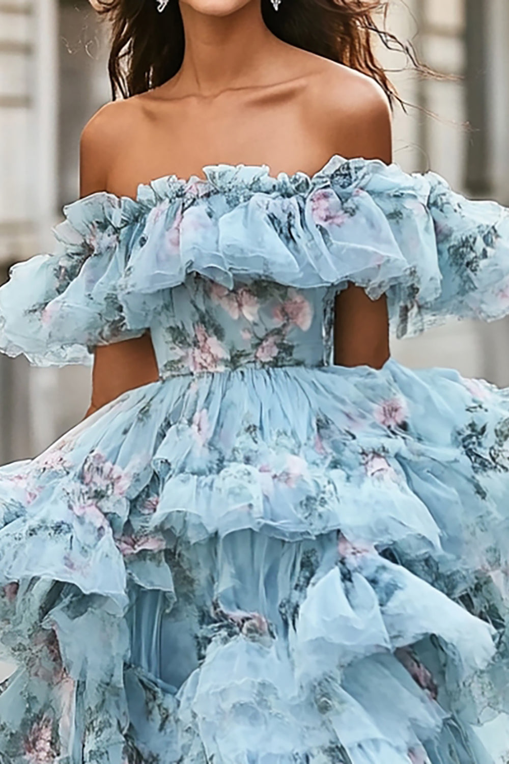 Blue Floral Ruffled Organza Off the Shoulder Asymmetrical Prom Dress Blue Floral Ruffled Organza Off the Shoulder Asymmetrical Prom Dress