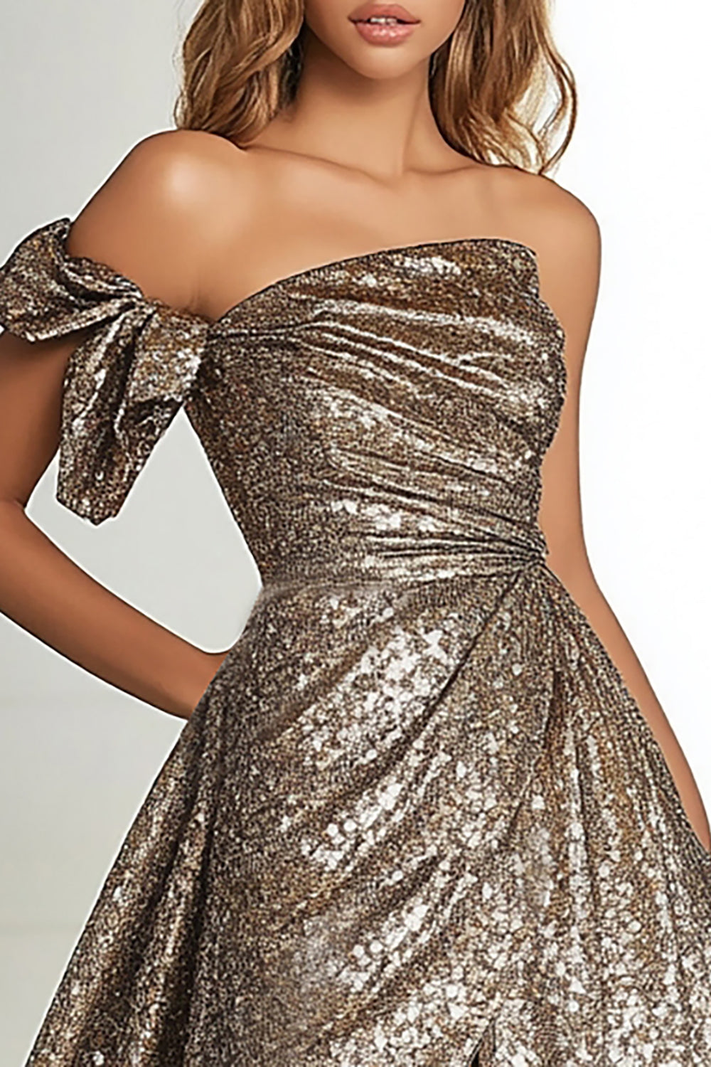 Gold Glitter Fabric A Line One Shoulder Pleated Prom Dress with Slit Gold Glitter Fabric A Line One Shoulder Pleated Prom Dress with Slit