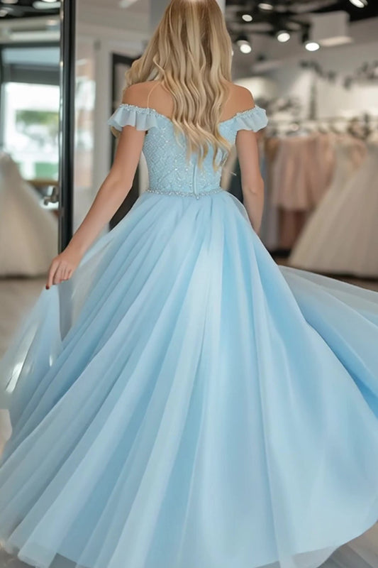 Lace Tulle A Line Sky Blue Off the Shoulder Prom Dress