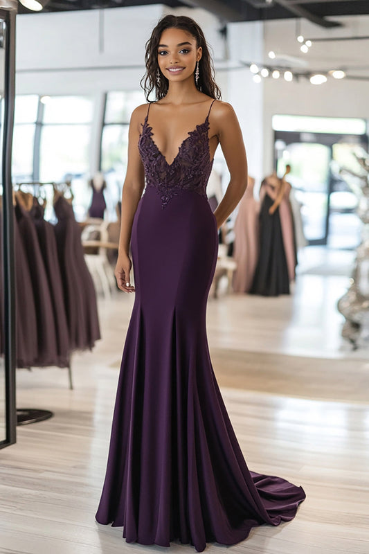 Lace Satin Prom Dress Dark Purple Sheath Deep V Neck Long Formal Dress