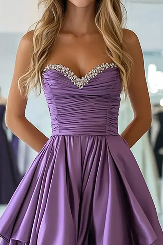 Plum Taffeta Sweetheart A Line Ruffled Pleated Long Prom Dress