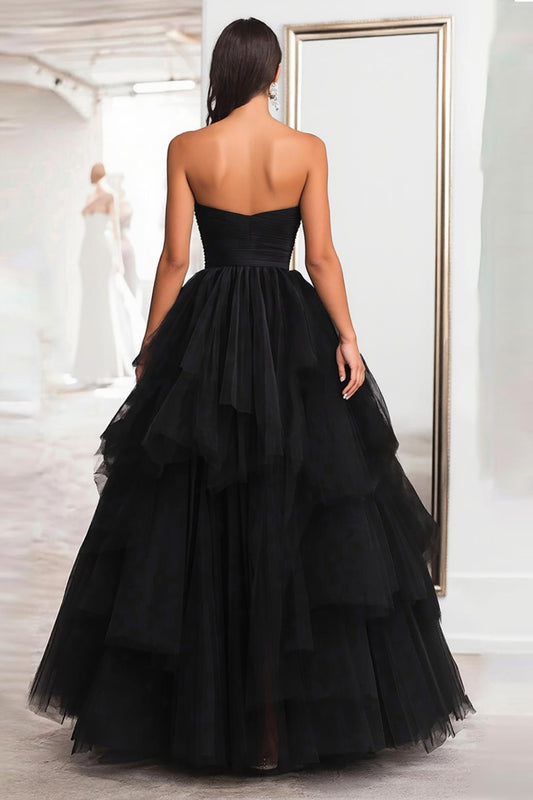 Princess Black Strapless Tulle Tiered Ruched Long Prom Dress
