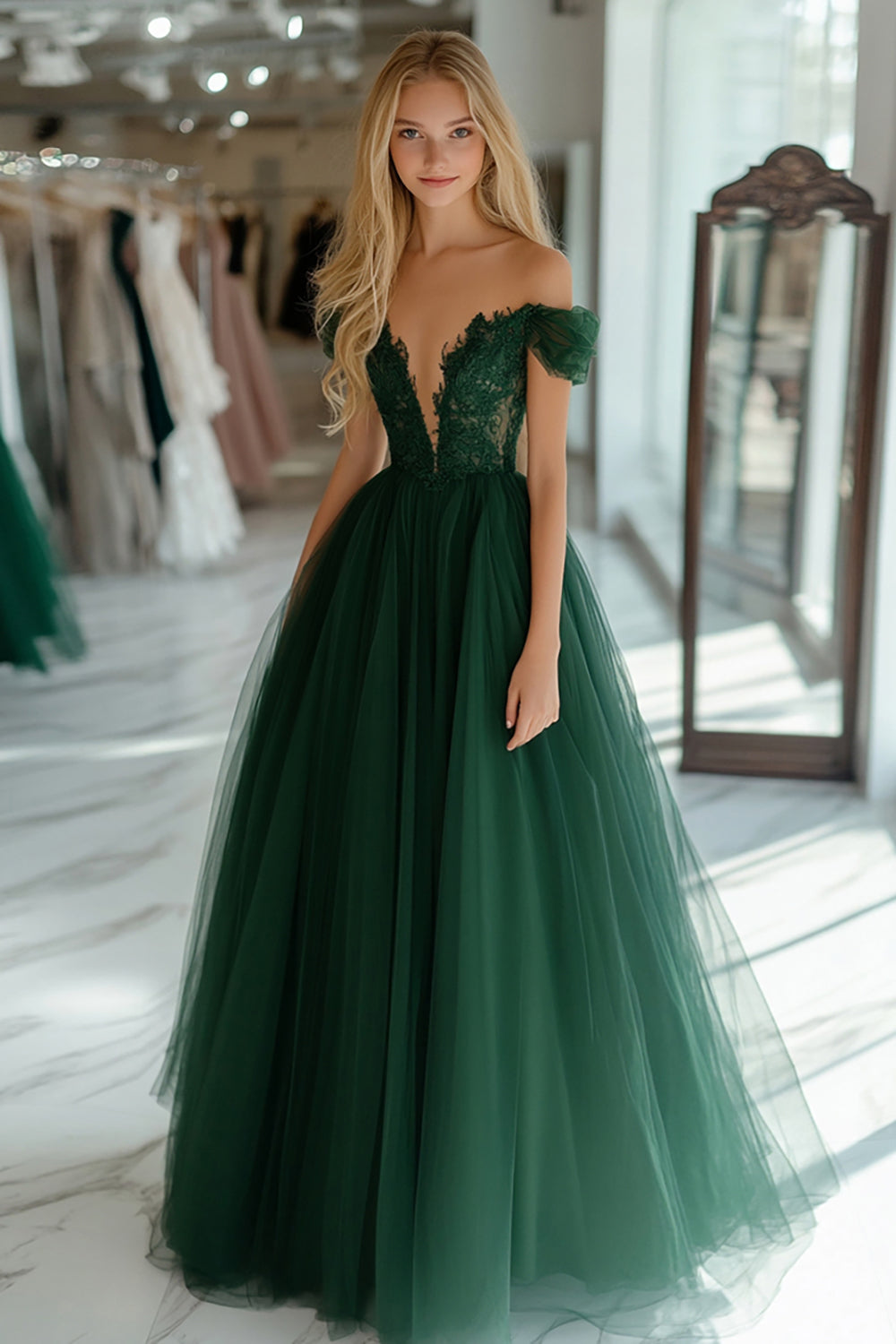 Dark Green Princess Tulle Off The Shoulder Long Prom Dress with Lace Appliques Dark Green Princess Tulle Off The Shoulder Long Prom Dress with Lace Appliques