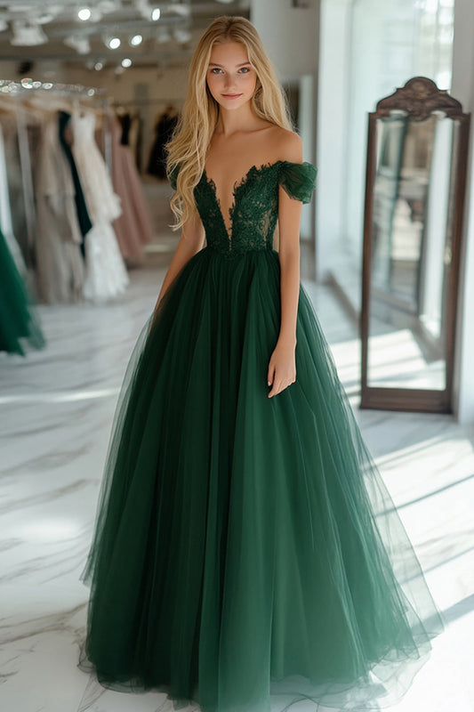 Dark Green Princess Tulle Off The Shoulder Long Prom Dress with Lace Appliques