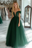 Dark Green Princess Tulle Off The Shoulder Long Prom Dress with Lace Appliques Dark Green Princess Tulle Off The Shoulder Long Prom Dress with Lace Appliques