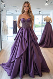 Sparkly Plum Princess Sweetheart Ruffled Satin Long Prom Dress with Appliques Sparkly Plum Princess Sweetheart Ruffled Satin Long Prom Dress with Appliques