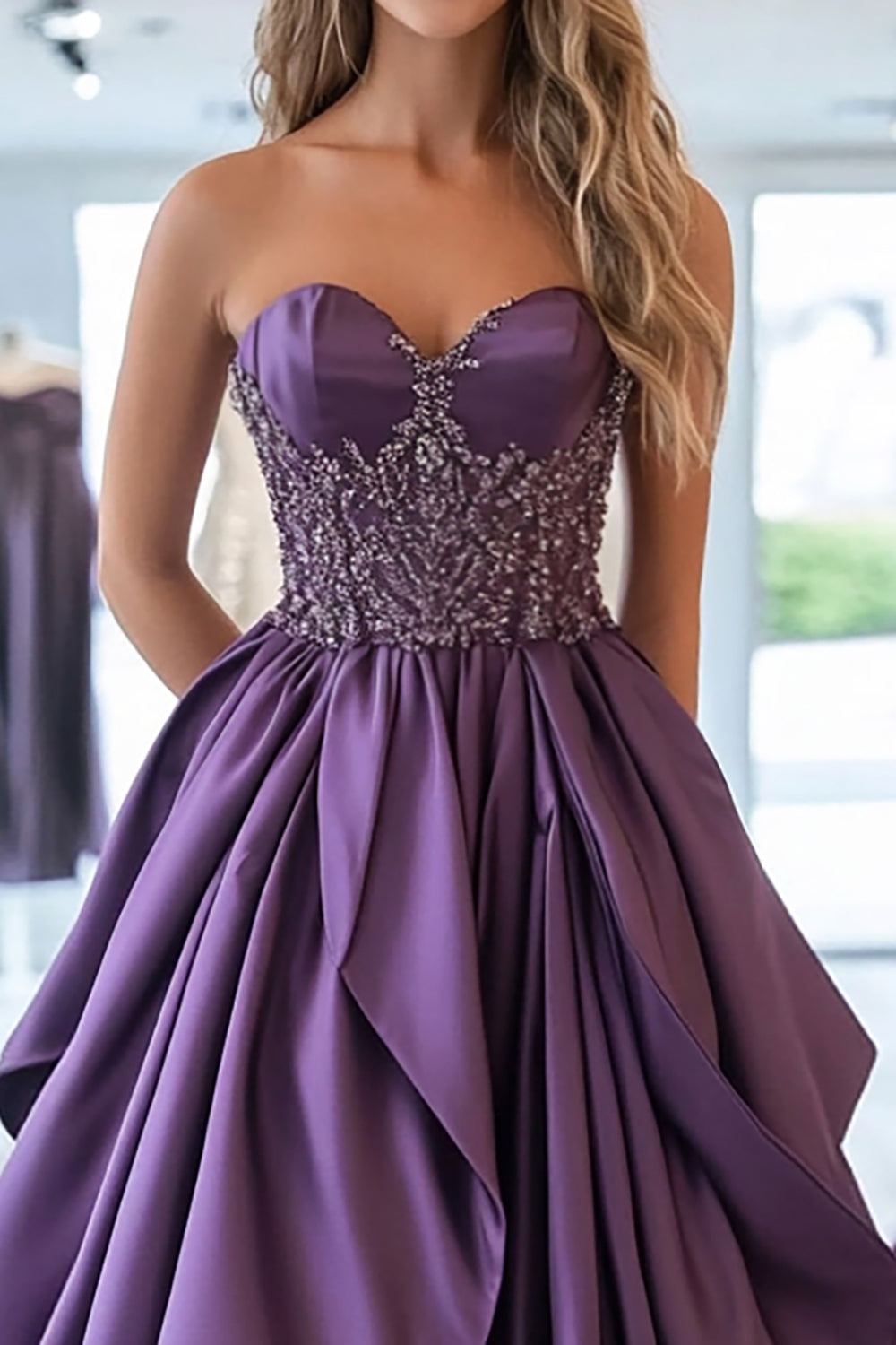 Sparkly Plum Princess Sweetheart Ruffled Satin Long Prom Dress with Appliques Sparkly Plum Princess Sweetheart Ruffled Satin Long Prom Dress with Appliques