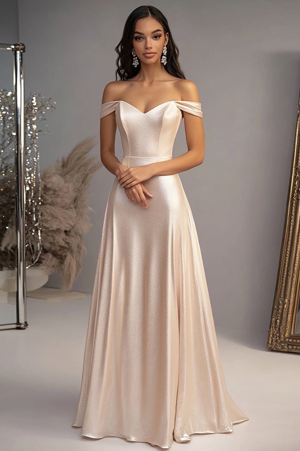 Elegant Champagne A-Line Off the Shoulder Satin Long Prom Dress Elegant Champagne A-Line Off the Shoulder Satin Long Prom Dress