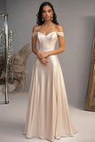 Elegant Champagne A-Line Off the Shoulder Satin Long Prom Dress Elegant Champagne A-Line Off the Shoulder Satin Long Prom Dress
