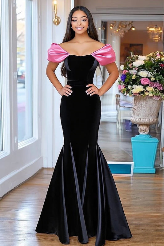 Velvet Black Mermaid Off the Shoulder Long Prom Dress