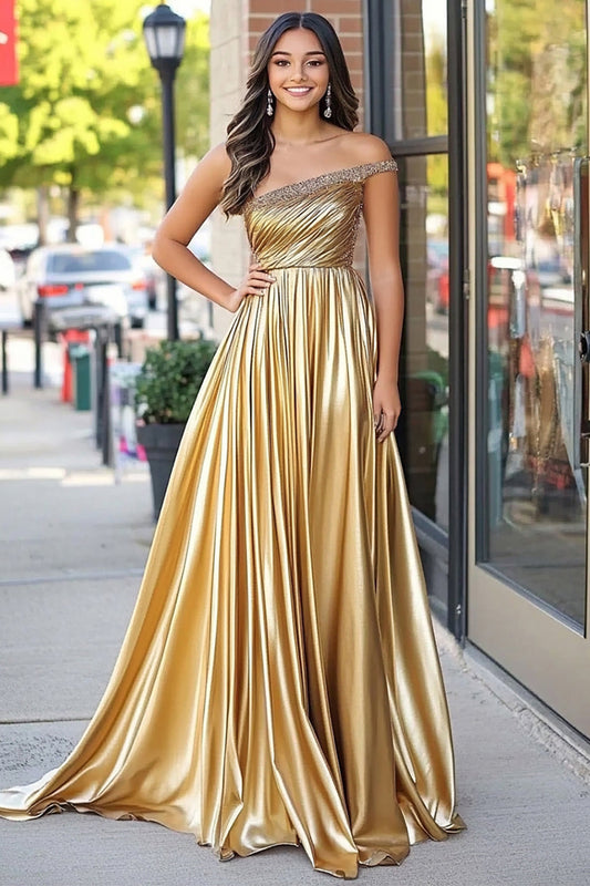 Sparkly Golden Metallic One Shoulder A Line Pleated Long Prom Dress