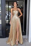 Gold Spaghetti Straps A-Line Metallic Long Prom Dress with High Slit Gold Spaghetti Straps A-Line Metallic Long Prom Dress with High Slit