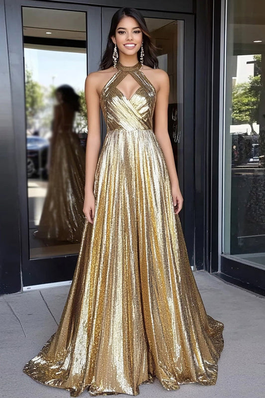 Sparkly Gold Metallic Halter Neck A-Line Long Prom Dress