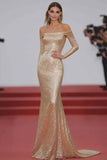 Champagne Off The Shoulder Sequins Sheath Gala Dress With Long Sleeves Champagne Off The Shoulder Sequins Sheath Gala Dress With Long Sleeves