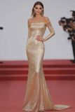 Champagne Off The Shoulder Sequins Sheath Gala Dress With Long Sleeves Champagne Off The Shoulder Sequins Sheath Gala Dress With Long Sleeves