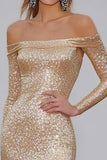 Champagne Off The Shoulder Sequins Sheath Gala Dress With Long Sleeves Champagne Off The Shoulder Sequins Sheath Gala Dress With Long Sleeves