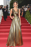 Sparkly Golden Metallic V-Neck A Line Pleated Gala Dress Sparkly Golden Metallic V-Neck A Line Pleated Gala Dress