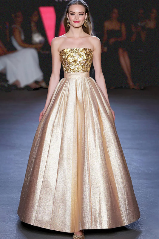 Sparkly Gold A Line Sequins Metallic Satin Gala Dress