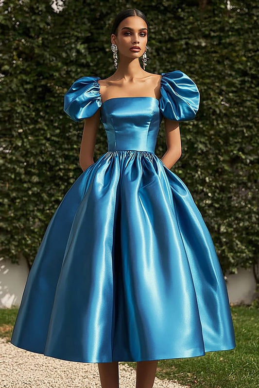 Square Neck Short Sleeves Blue Satin A Line Gala Dress