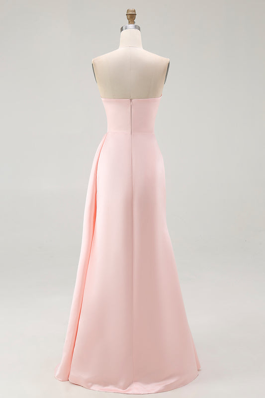 Pink Satin Strapless Mermaid Long Formal Dress with Side Cape