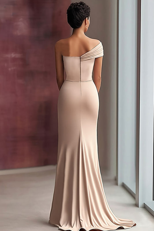 Light Khaki Sheath Jersey One Shoulder Pleated Long Gala Dress
