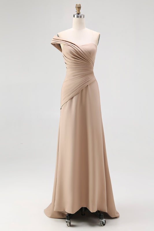 Light Khaki Jersey One Shoulder Sheath Long Pleated Gala Dress