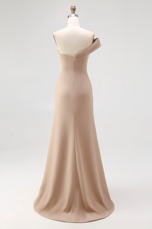 Light Khaki Jersey One Shoulder Sheath Long Pleated Gala Dress