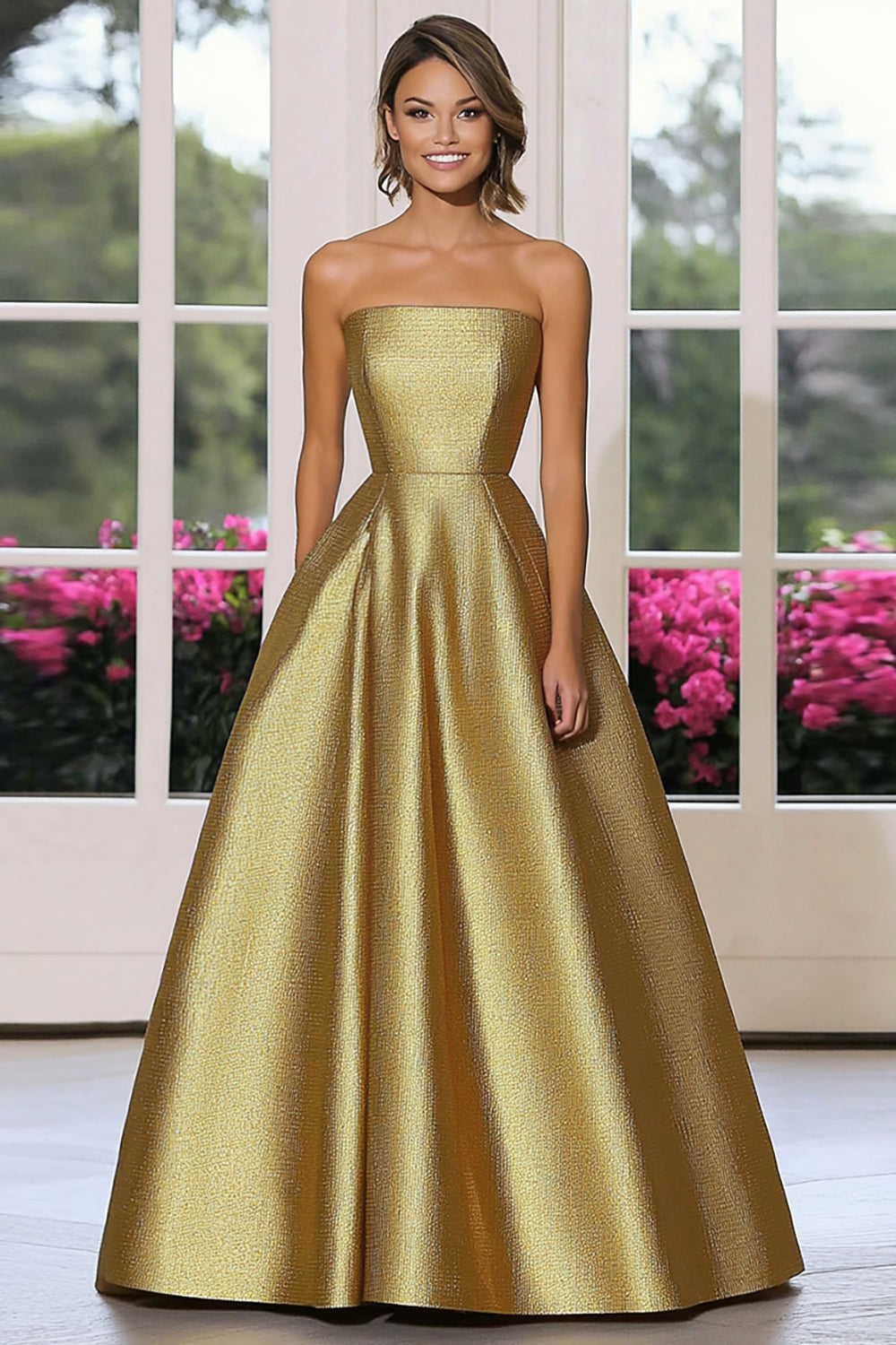 Zapakasa Women Chic Metallic Gold Satin Gala Dress A Line Strapless Long Formal Dress Zapakasa Women Chic Metallic Gold Satin Gala Dress A Line Strapless Long Formal Dress