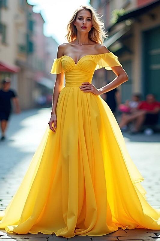 Off the Shoulder Long Yellow A Line Tulle Prom Dress