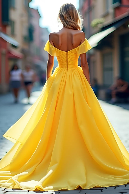 Off the Shoulder Long Yellow A Line Tulle Prom Dress