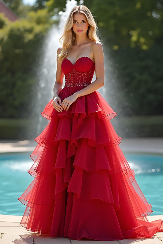 A Line Tiered Sparkly Sweetheart Red Long Prom Dress with Beading
