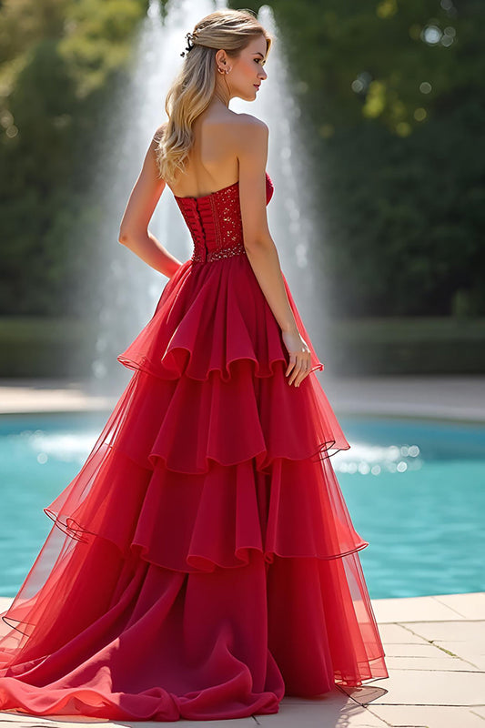 A Line Tiered Sparkly Sweetheart Red Long Prom Dress with Beading