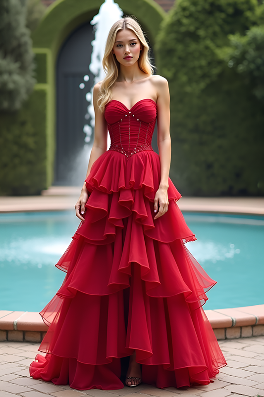 Tiered Long Tulle Sparkly Red A Line Prom Dress