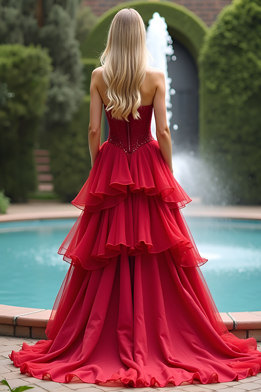 Tiered Long Tulle Sparkly Red A Line Prom Dress