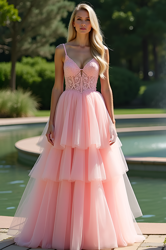 Tiered Long Pink V-Neck A Line Appliqued Prom Dress with Lace