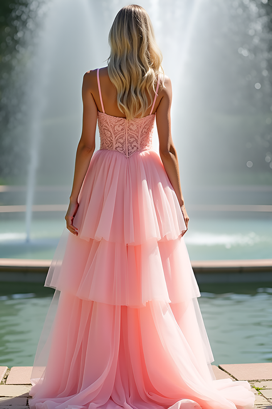 Tiered Long Pink V-Neck A Line Appliqued Prom Dress with Lace