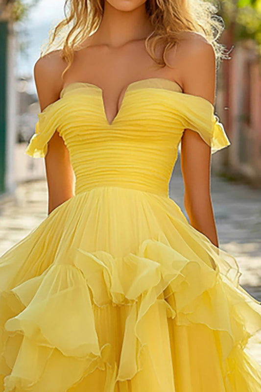 Off the Shoulder Long Yellow A Line Tiered Prom Dress with Ruffles