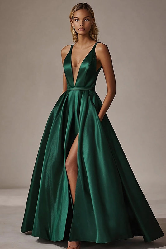 V-Neck A Line Dark Green Long Satin Prom Dress with Slit