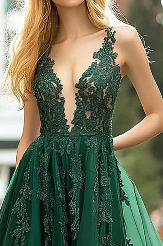 A Line Long Lace Dark Green V-Neck Prom Dress with Appliques