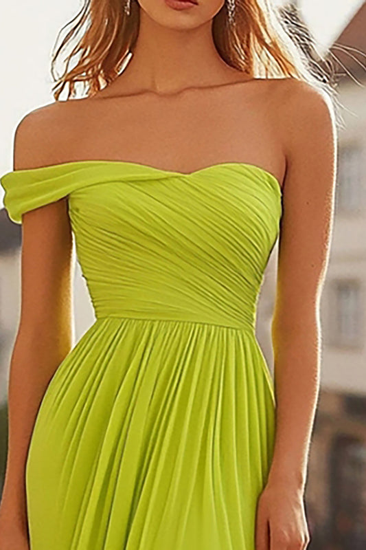 One Shoulder Chiffon Lemon Green A-Line Prom Dress with Ruches