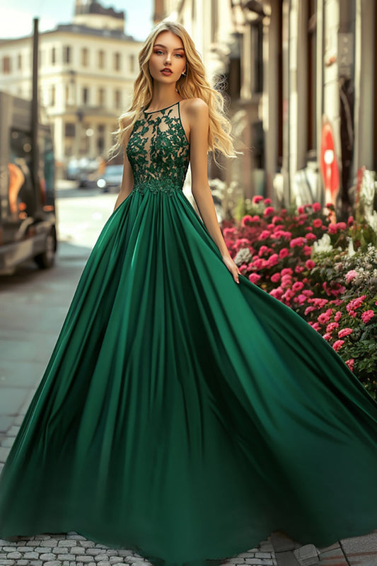 A Line Long Satin Dark Green Halter Prom Dress with Lace Appliques