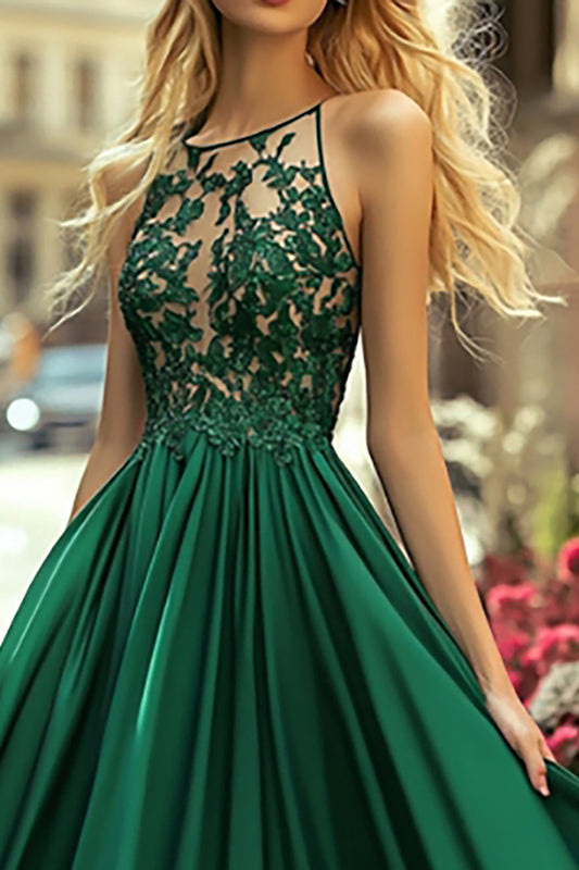 A Line Long Satin Dark Green Halter Prom Dress with Lace Appliques