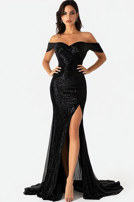 Off the Shoulder Sequin Sparkly Black Sheath Prom Dress with Slit