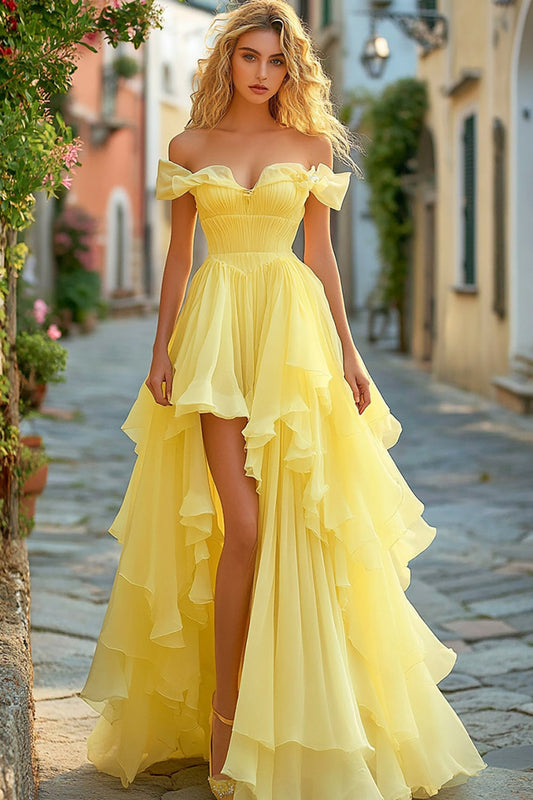 Off the Shoulder Long Yellow A Line Tiered Asymmetrical Prom Dress