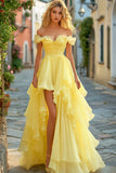 Off the Shoulder Long Yellow A Line Tiered Asymmetrical Prom Dress Off the Shoulder Long Yellow A Line Tiered Asymmetrical Prom Dress