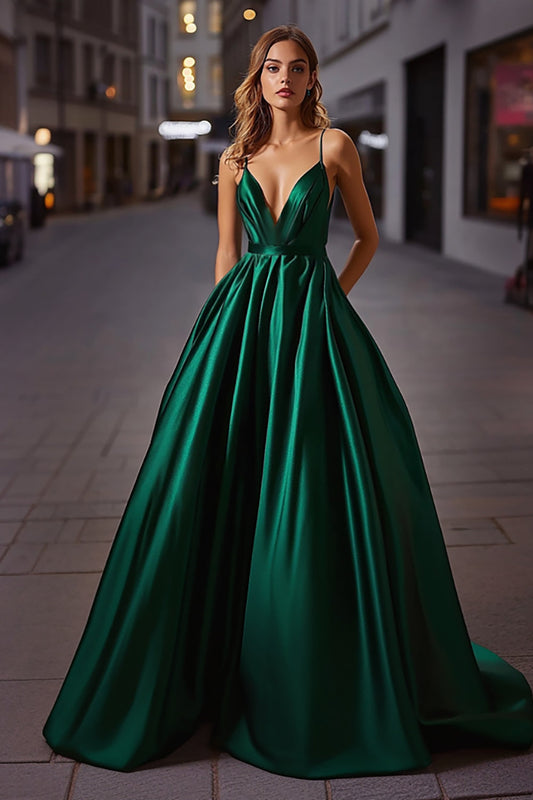 V-Neck A Line Dark Green Long Satin Prom Dress