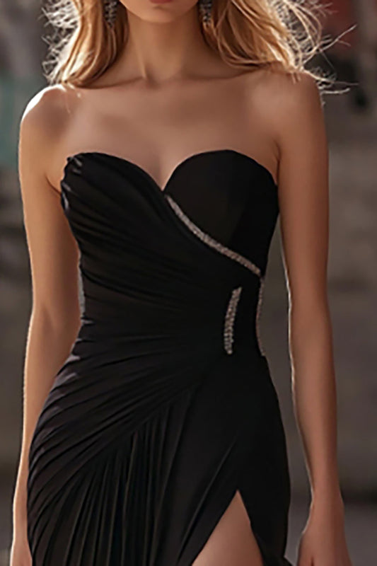Sweetheart Chiffon Black Sheath Prom Dress with Slit