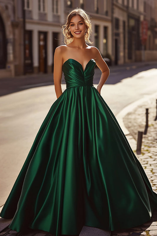 A Line Long Satin Dark Green Sweetheart Prom Dress