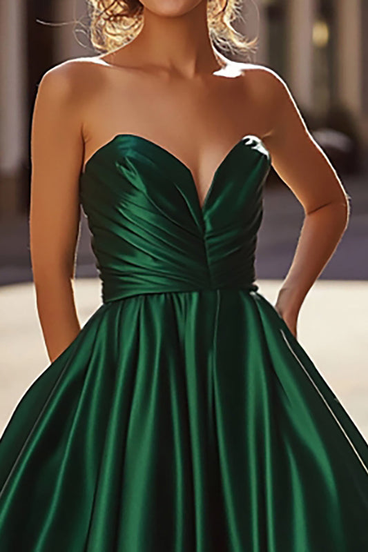 A Line Long Satin Dark Green Sweetheart Prom Dress