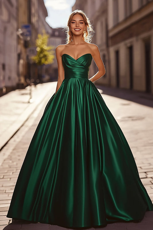 A Line Ruched Dark Green Sweetheart Satin Prom Dress